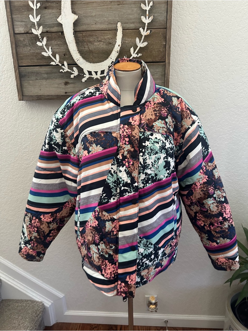Free People Bunny Slopes Puffer Coat Jacket Womens Large Ski Diamond Combo